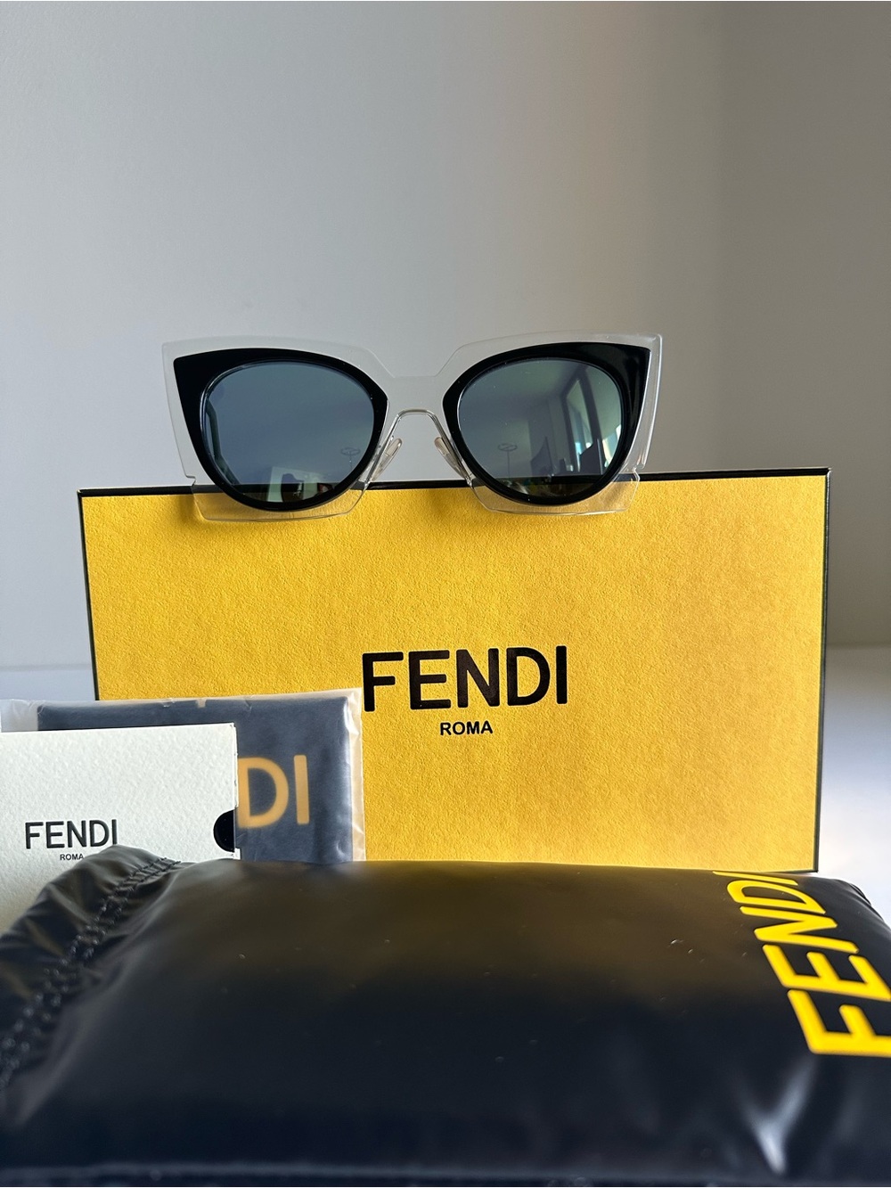 Fendi FF 0117/S Orchidea Cat Eye Sunglasses Clear Black Full Set NWT
